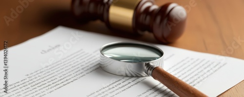 Magnifying Glass Over Legal Document with Gavel on Wooden Surface for Law and Justice Themes