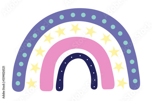 Cute cartoon rainbow environment. Colors:  blue, yellow, pink, dark blue. Shapes, elements: stripes, circles, and stars. One icon isolated on  white background. Flat design.