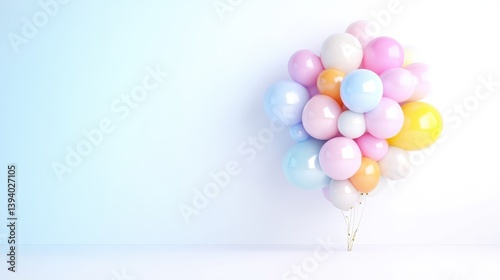 Pastel Balloons Bunch Minimalist Style High-resolution Soft Lighting Wide Shot Glossy Textures Celebration Event White Background Soft Dreamy Hues Ideal for Party Invitations photo