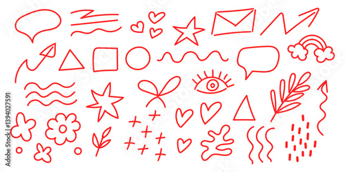 Red doodles featuring various shapes and symbols on a white background for creative design