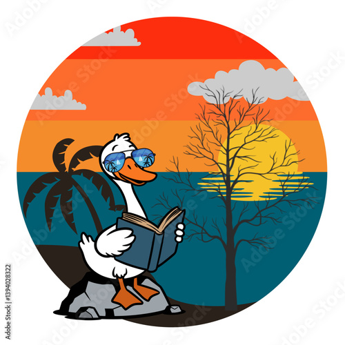 a smart duck tropical island with palm trees and sea