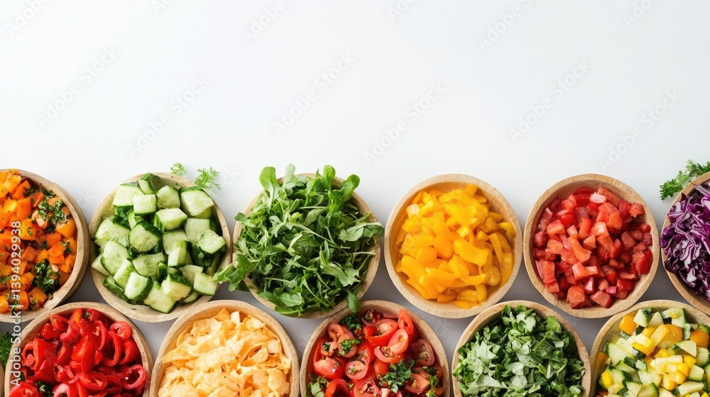 Close-up of a salad bar with fresh ingredients arranged on a white background Close-up of a salad bar with fresh ingredients arranged on a white background