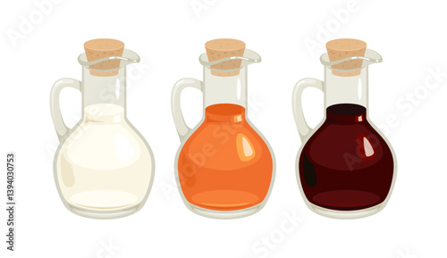 Balsamic vinegar, white vinegar and apple cider in glass bottles isolated on white background. Vector cartoon flat illustration.