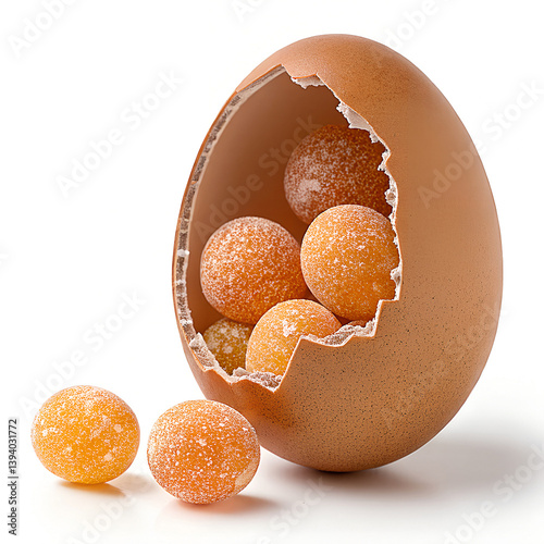 Broken Shell: Artistic still life of a cracked eggshell spilling colorful candy spheres, a sweet, playful visual treat.