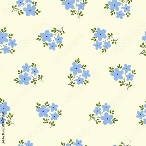 Seamless pattern with blue flower blossom garden on light yellow background. Cute hand drawn floral pattern for your fabric, summer background, wallpaper, textile.