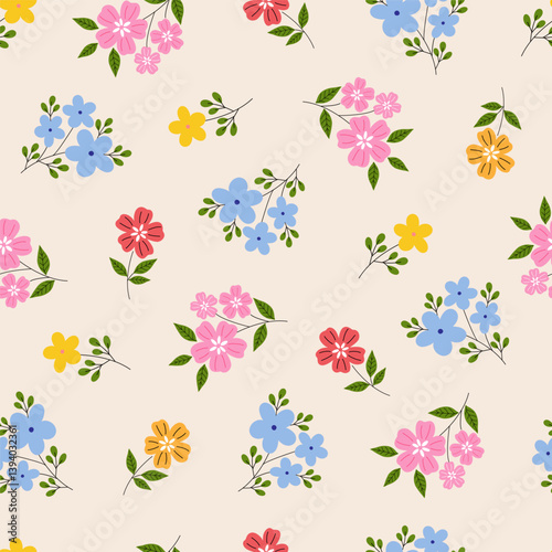 Seamless pattern with beautiful flower blossom garden on cream color background. Cute hand drawn floral pattern for your fabric, summer background, wallpaper, textile.