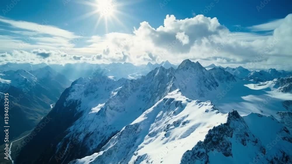 Snow covered mountains and the sun shining brightly on them. Smooth repeating motion for background video animation. Snow covered mountains and the sun shining brightly on them. Smooth repeating motion for background video animation.