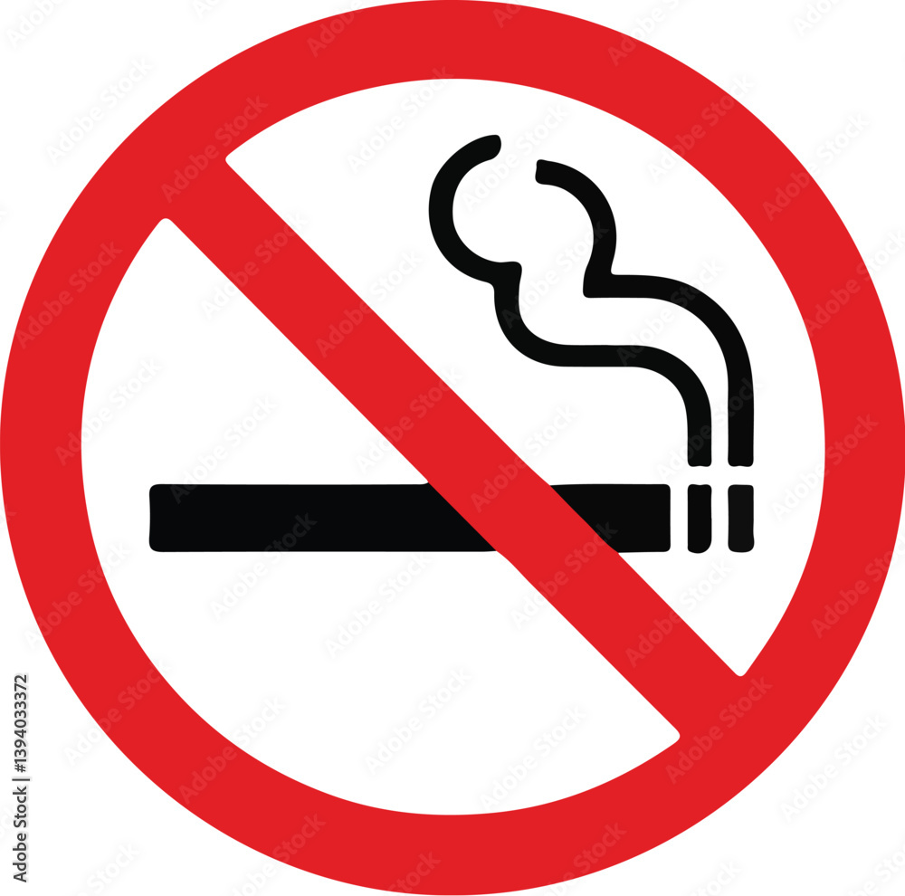 No smoking warning sign with cigarette symbol inside red prohibition circle No smoking warning sign with cigarette symbol inside red prohibition circle