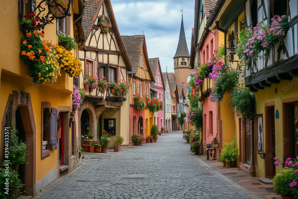 Fototapeta premium A historic European town square lined with colorful buildings, cobblestone streets, and ornate balconies filled with flowers.