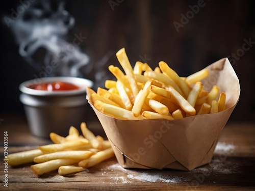 french fries in the paper cup with ketchup