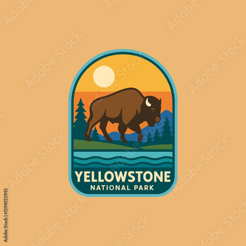 Bison in National Park Landscape Illustration Featuring Natural Elements