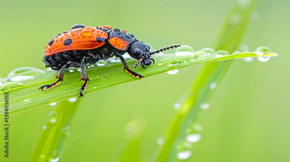 Fototapeta premium A vibrant red and black beetle rests on a dewy blade of grass.