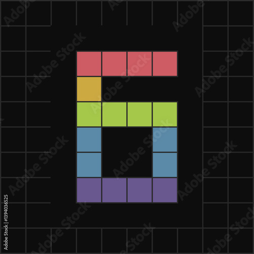 Colorful Pixel Art Number 6 on Black Grid Background