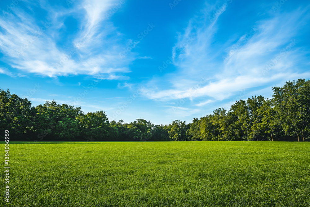 Obraz premium A vast open field covered in lush green grass, scattered with tall, vibrant trees under a bright blue sky with soft, wispy clouds.