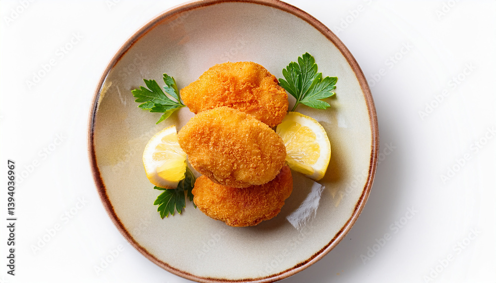 nuggets with lemon slices on the white plate isolated on white background nuggets with lemon slices on the white plate isolated on white background