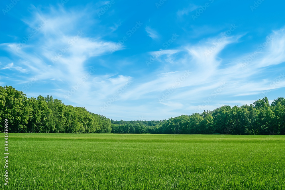 Obraz premium A vast open field covered in lush green grass, scattered with tall, vibrant trees under a bright blue sky with soft, wispy clouds.