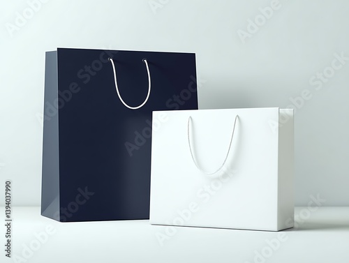 A white and navy blue paper bag , placed next to it is another white shopping bag with a simple design. 