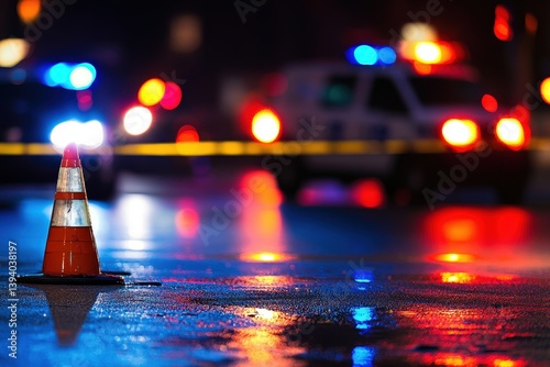 A nighttime scene depicting a police investigation with flashing lights photo