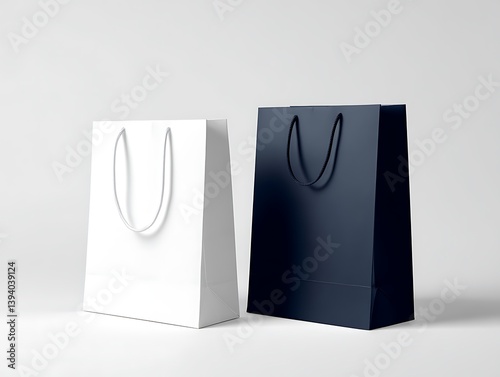 A white and navy blue paper bag , placed next to it is another white shopping bag with a simple design. 