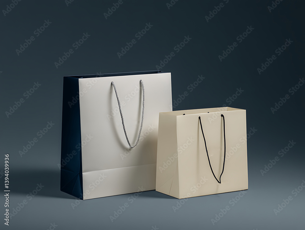 A white and navy blue paper bag , placed next to it is another white shopping bag with a simple design. 