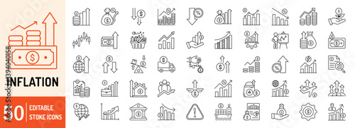 Inflation collections editable stroke outline web icons set. Inflation rate, price increase, investment, energy, cost surge, economic impact, hyperinflation, economy and more... Vector illustration
