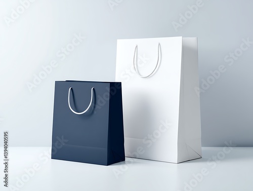 A white and navy blue paper bag , placed next to it is another white shopping bag with a simple design. 