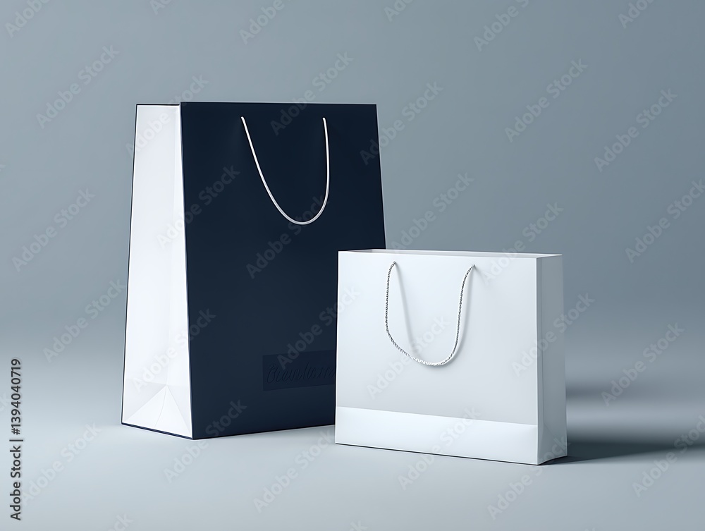 A white and navy blue paper bag , placed next to it is another white shopping bag with a simple design. 