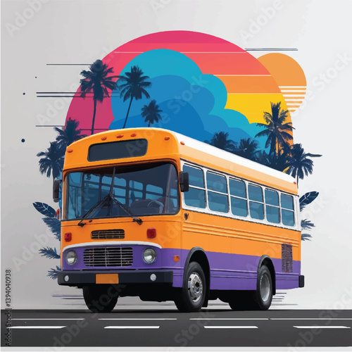 Yellow school bus vector illustration on the road for child transportation safety