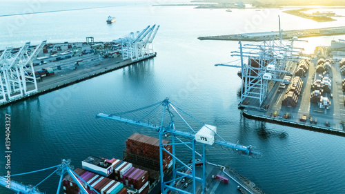 Aerial view of an expansive container terminal at sunrise, with port cranes extending over the water and cargo ships docked at berths. The morning light casts a soft glow over global trade infrastruct photo