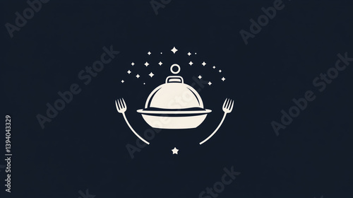 A stylized logo of a covered dish with forks and stars on a dark blue background design logo