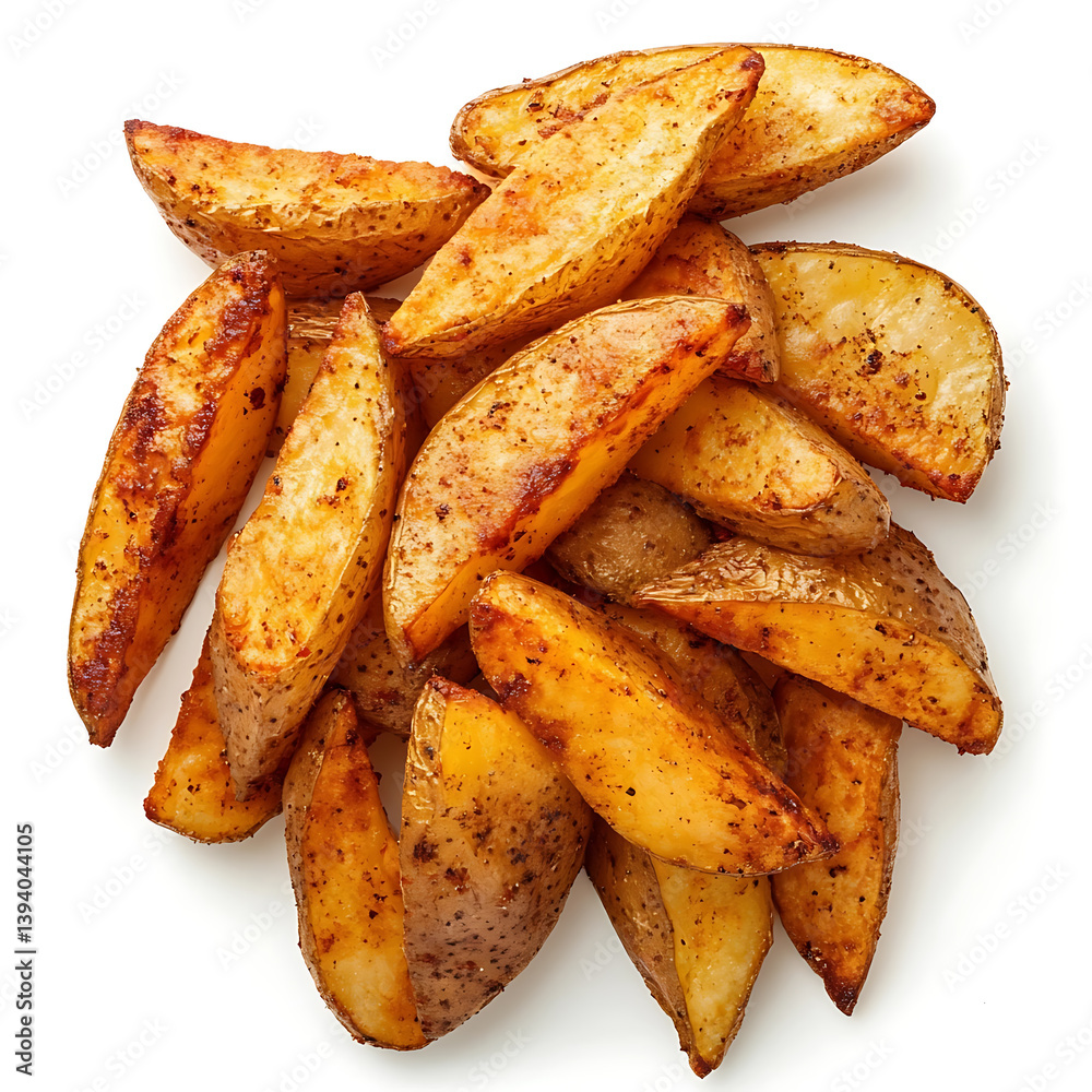 Crispy and golden potato wedges with a thick crunchy exterior fluffy tender inside, isolated white background, modern art style Crispy and golden potato wedges with a thick crunchy exterior fluffy tender inside, isolated white background, modern art style