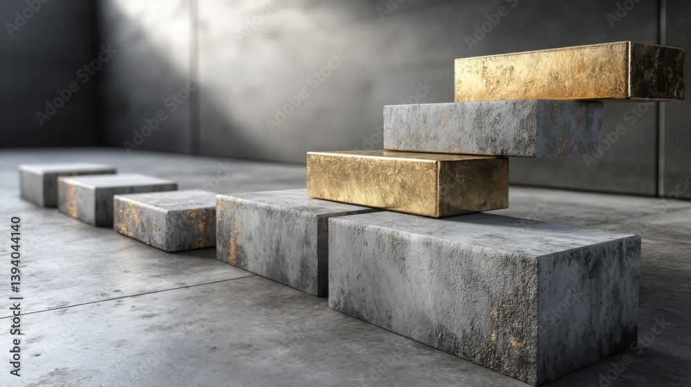 Single gold bar resting on a concrete floor highlighting the contrast between luxury and industrial surroundings in 3d art Single gold bar resting on a concrete floor highlighting the contrast between luxury and industrial surroundings in 3d art