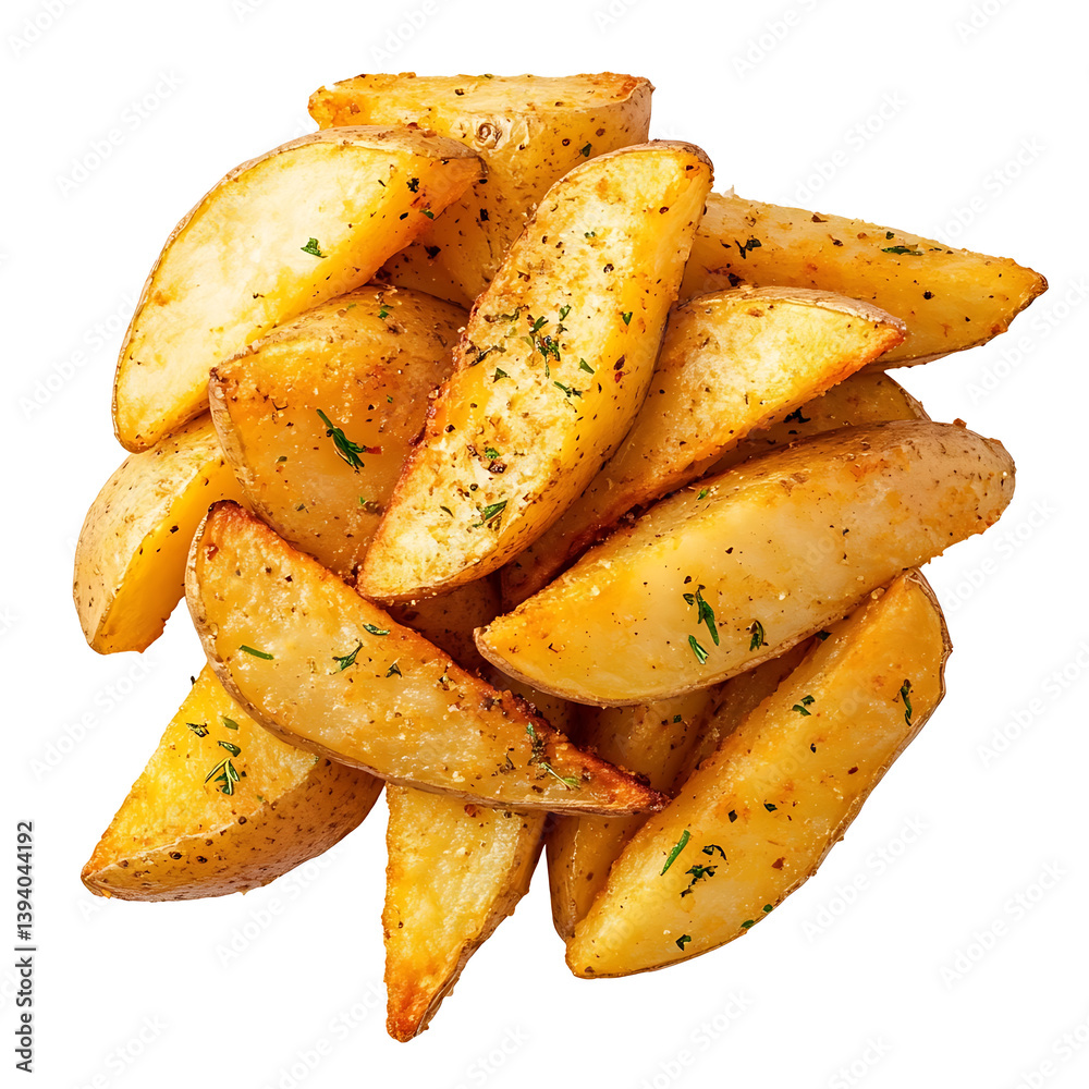 Crispy and golden potato wedges with a thick crunchy exterior fluffy tender inside, isolated white background, modern art style
