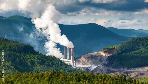 Coal-fired power plant in the middle of a valley has trees cut down.Generated image