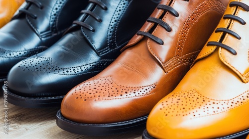 A stylish collection of brogue shoes in black, brown, and orange hues, showcasing fine craftsmanship and elegant design on a wooden surface.