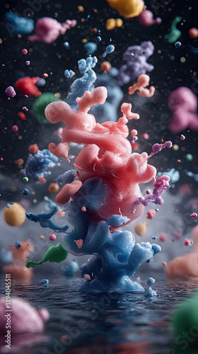 Neon Holographic Mist with Geometric Forms and Digital Particle Dispersion in Abstract Minimalistic Design
