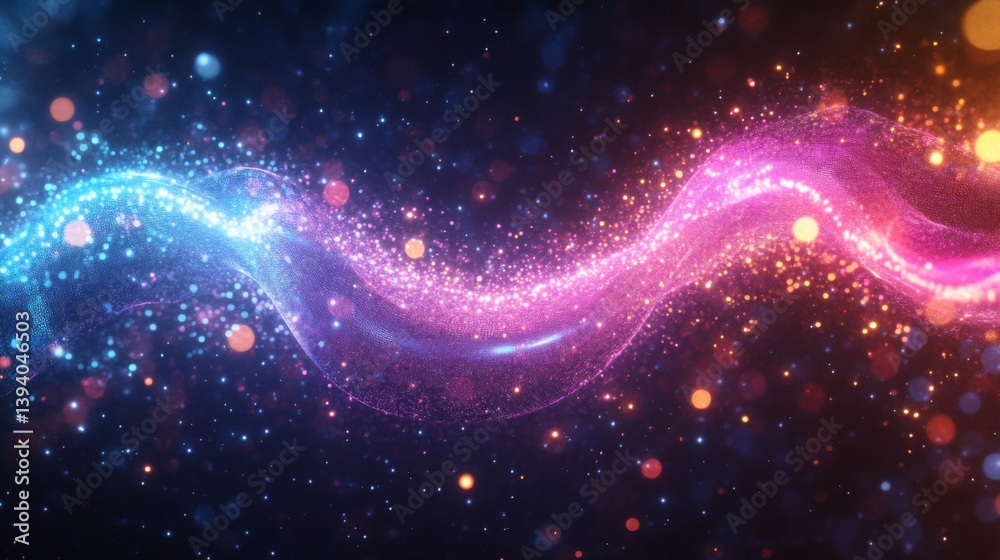 Fototapeta premium Abstract Wavy Pattern with Glittering Light Effects and Blue Purple and Gold Sparkles Against a Dark Background