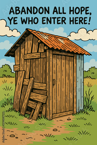 Outhouse Cartoon Illustration with Funny Warning Sign in Rustic Setting