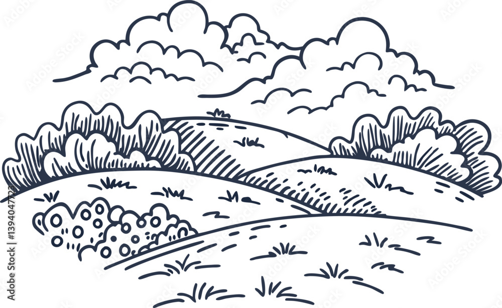 Obraz premium Peaceful countryside landscape with rolling hills and clouds in minimalist sketch art