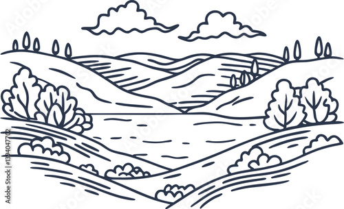 peaceful countryside landscape scene with rolling hills, trees, and serene sky, rural serenity