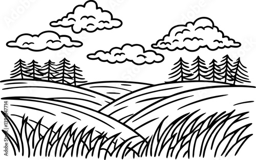 black and white landscape illustration with rolling hills and clouds