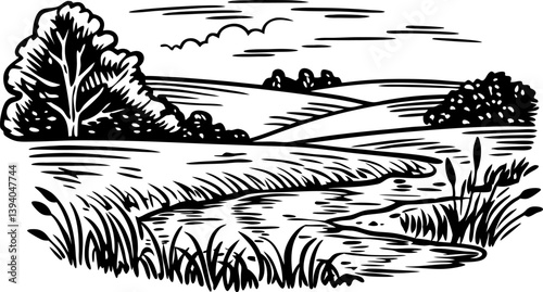 black and white rural landscape with fields, trees, and river in woodcut illustration