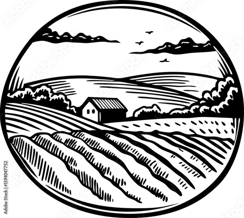 Idyllic countryside landscape sketch with farmhouse, fields, and birds in serene, rustic setting