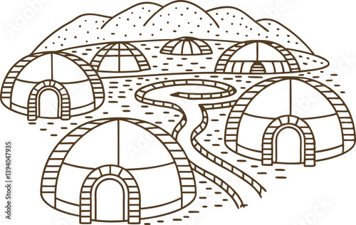 Igloo village outline with spirit tracks and mountains