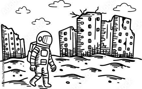 space explorer wandering abandoned cityscape, post apocalyptic urban decay illustration with astronaut