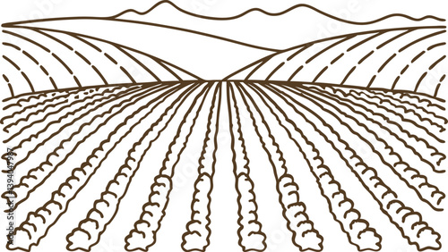 Vast agricultural landscape with mountain view, line art style, rows of crops