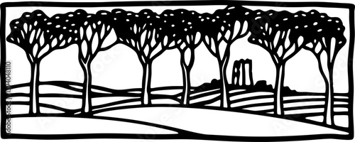 Silhouette of tree line in countryside landscape with distant ruins in monochrome art