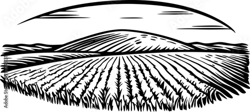 woodcut illustration of agricultural countryside landscape with rolling hills and fields