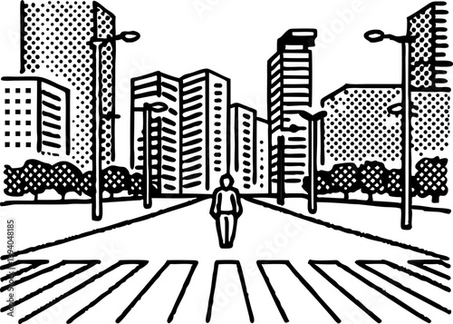 monochrome cityscape with solitary figure walking urban architecture, street, buildings, trees