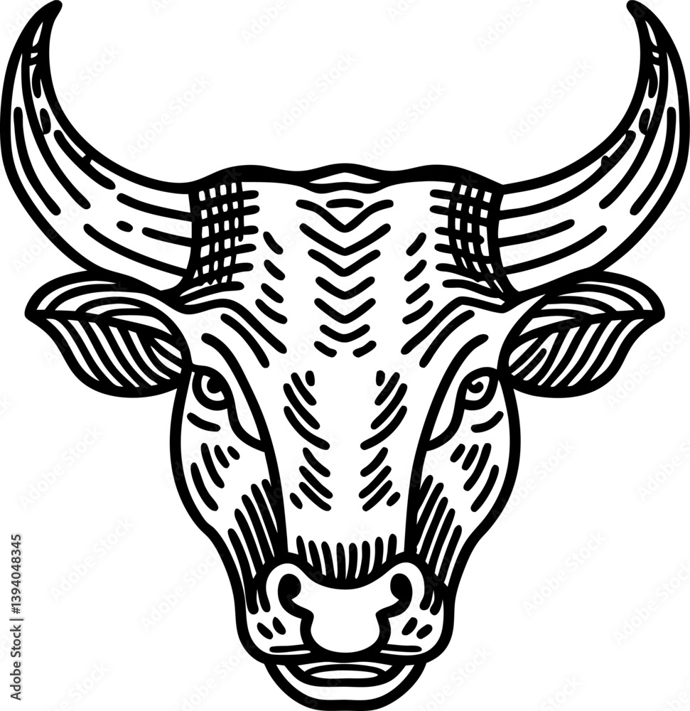 Intricate line art of bull head with horns symbolizing strength and power Intricate line art of bull head with horns symbolizing strength and power
